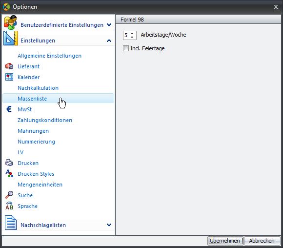 Massenliste_Optionen